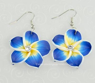 Showy Blue and Yellow Resin Flower Earrings with Rhinestones