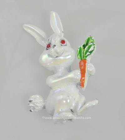 Tiny Vintage White Iridescent Enamel Bunny Rabbit Pin with Carrot