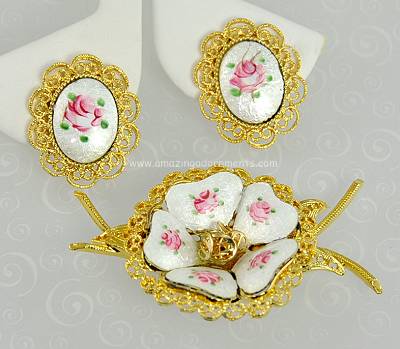Engaging Vintage Guilloche Enamel Rose Brooch and Earring Set