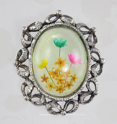Vintage Unsigned Colorful Dried Flowers Under Plastic Brooch/Pendant Combo
