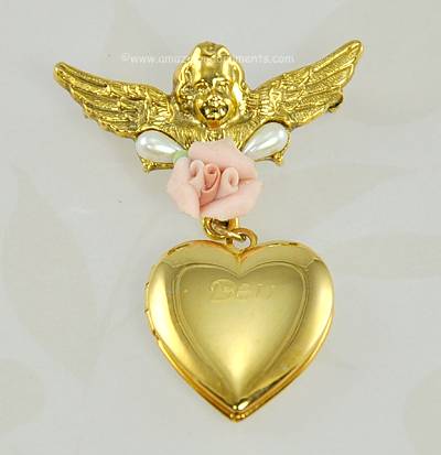 Darling Cherub Heart Locket Pin with Faux Pearls and Porcelain Rose
