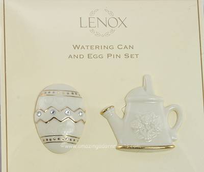 Signed LENOX Watering Can and Egg Pin Set Trimmed in 24 Karat Gold