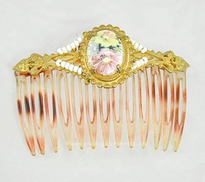 Exceptional Vintage Hair Comb with Ornate Painted Floral Signed MIRIAM HASKELL