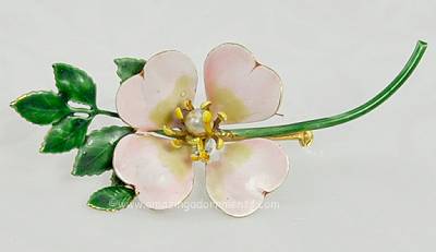 Delightful Vintage Enamel Flower Brooch with Faux Pearl Signed ORIGINAL BY ROBERT