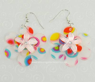 Gaudy Unsigned Multi- colored Plastic Flower Earrings with Rhinestones