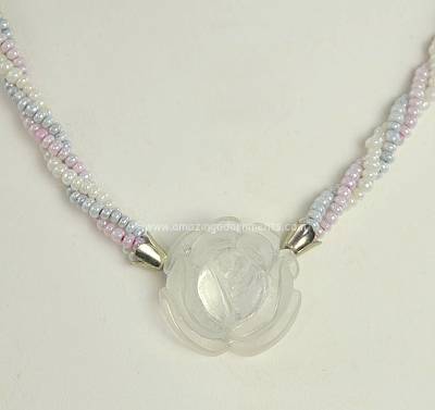 Feminine Blue Pink and White Faux Pearl Torsade Necklace with Carved Rose Clasp