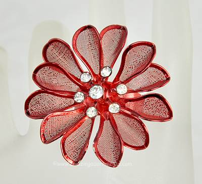 Fashionable Berry Red Mesh and Clear Rhinestone Flower Finger Ring