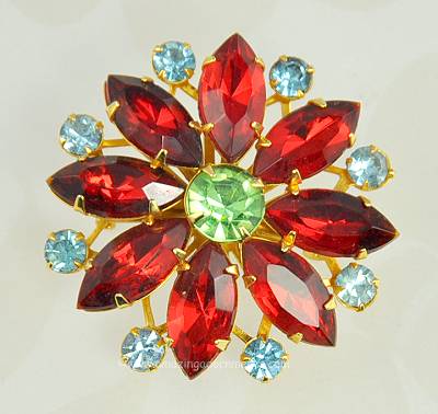 Spectacular Vintage Red, Green and Blue Rhinestone Flower Brooch