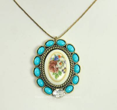 Impeccable Vintage Floral Pendant Necklace with Faux Turquoise Stones