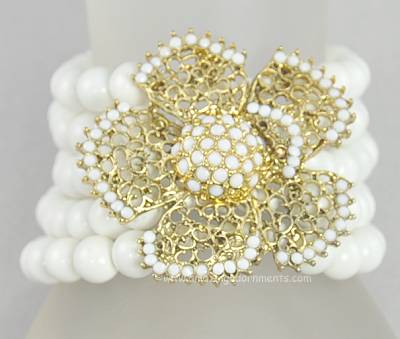 To Die For Vintage 5 Strand White Glass Bead Bracelet with Beaded Flower