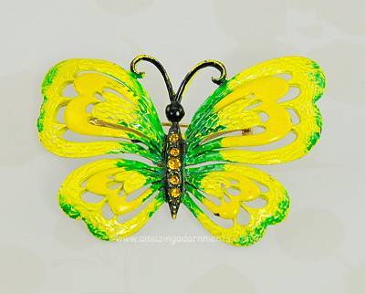 Life-sized Yellow and Green Enamel Butterfly Brooch with Amber Rhinestones