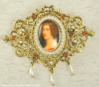 Superb Antique Look Portrait Pin with Faux Pearl Dangles Signed ART