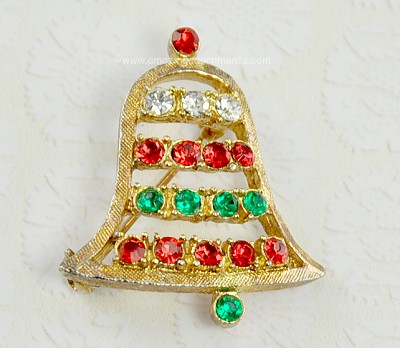 Signed BJ [Beatrix] Festive Rhinestone Christmas Bell Pin