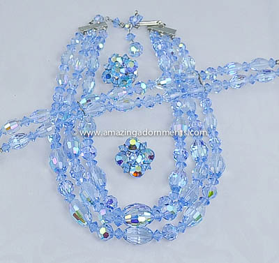 Glamourous Vintage Unsigned Blue Crystal Three Piece Parure