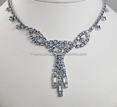 Glamourous Unsigned Vintage Blue Rhinestone Tassel Necklace