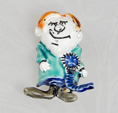 Vintage Signed HAR Enamel Comical Blue Ribbon Winner Mad Scientist Brooch