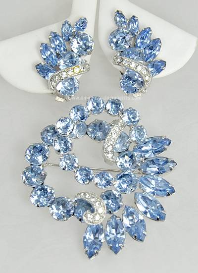Flashy Vintage Blue and Clear Dimensional Brooch and Earring Set Signed EISENBERG