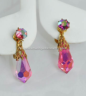 Glamourous Vintage Unsigned Pink Crystal Teardrop Earrings