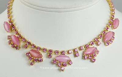 Feminine Vintage Unsigned Pink Givr Glass and Rhinestone Necklace