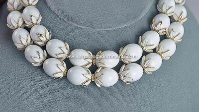 Vintage Double Strand White Capped Bead Necklace Signed CROWN TRIFARI