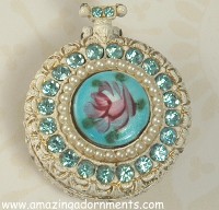 FLORENZA Pocket Watch Rhinestone, Enamel and Faux Pearl Footed Trinket Box