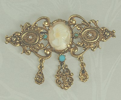 FLORENZA Victorian Style Carved Shell Cameo Dangle Pin