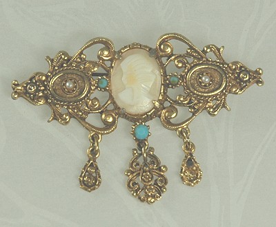 FLORENZA Victorian Style Carved Shell Cameo Dangle Pin