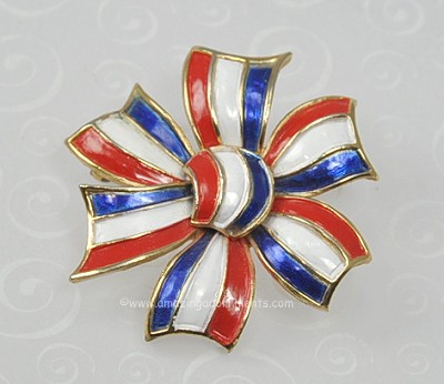 Vintage CROWN TRIFARI Red, White and Blue Enamel Patriotic Bow Pin