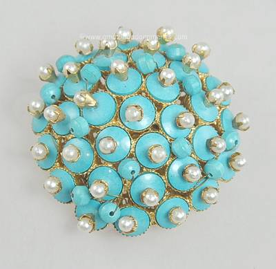 Tantalizing Vintage Turquoise Glass and Faux Pearl Pin Cushion Brooch Signed VOGUE