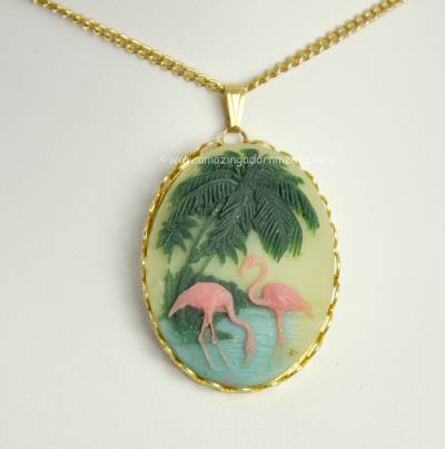 Vintage Carved Resin Flamingoes and Palms Pendant Necklace