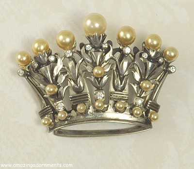 Robust Signed DEROSA Sterling Faux Pearl and Rhinestone Crown Brooch