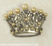 Robust Signed DEROSA Sterling Faux Pearl and Rhinestone Crown Brooch