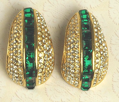 Huge Vintage Green and Clear Rhinestone Clip- on Earrings