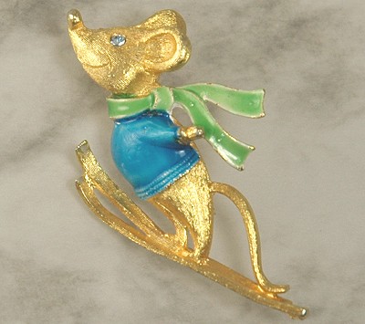 Too Cute Sking Enamel Mouse Figural Pin with Light Blue Rhinestone Eye- BOOK PIECE