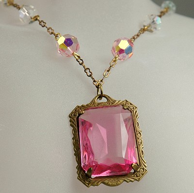 Superb Victorian Look Pink Glass and Crystal Necklace