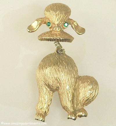 Lovable Vintage Poodle Pin with Green Glass Eyes and Nodding Mechanical Head