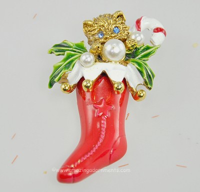 So Cute Vintage Christmas Stocking Pin with Hiding Cat and Faux Pearls Signed ART