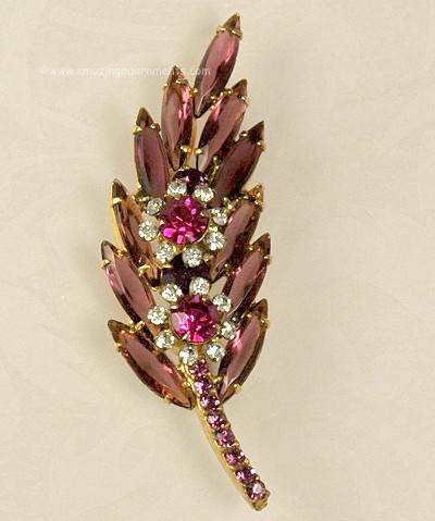 Divine DELIZZA and ELSTER JULIANA Purple Rhinestone Brooch with Fuchsia and Clear Flowers