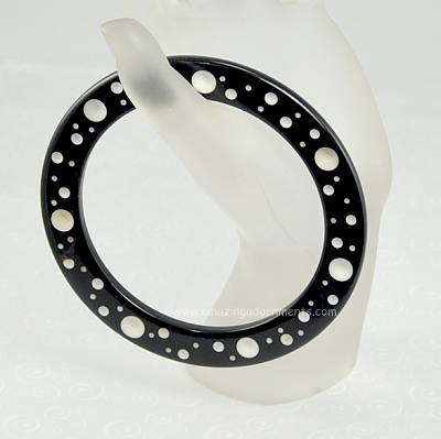 Vintage Thin Black Plastic Bracelet with White Polka Dots
