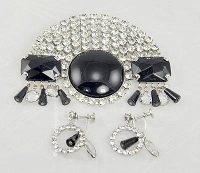 Outrageous Black and White Deco Look Brooch and Earring Set