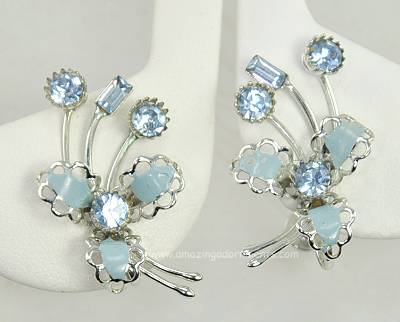 Wispy Vintage Blue Rhinestone and Enamel Iris Flower Earrings