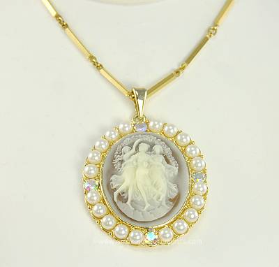 Vintage Unsigned Chocolate Three Graces Cameo Necklace with Faux Pearls