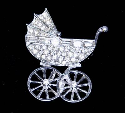 Playful Unsigned Clear Rhinestone Baby Carriage Buggy Stroller Brooch