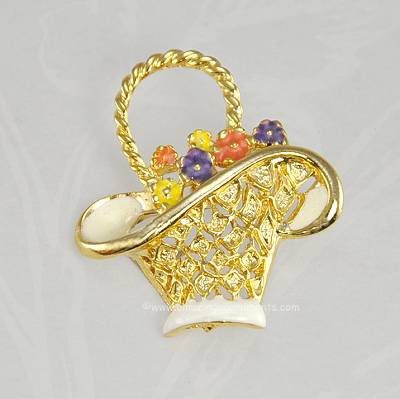 Fanciful Vintage Open Metal Work Flower Basket Lapel Pin with Enamel