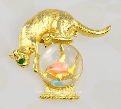 Super Adorable Vintage Cat over Fish Bowl Figural Pin with Enamel