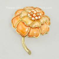 Effortless Vintage Creamsicle Orange Enamel Flower Pin Signed HOLLYCRAFT