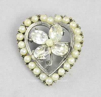 Beautiful Vintage Faux Pearl Heart and Rhinestone Good Luck Clover Pin
