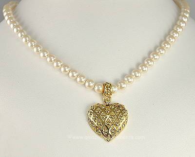 Dreamy Signed MONET Faux Pearl Necklace with Heart Pendant