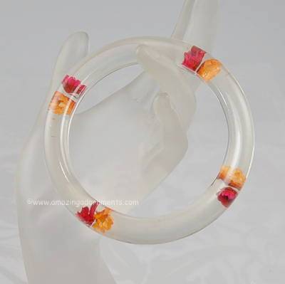 Vintage Clear Plastic Bangle Bracelet with Embedded Flowers