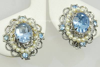 Impressive Vintage Blue Rhinestone and Faux Pearl Earrings